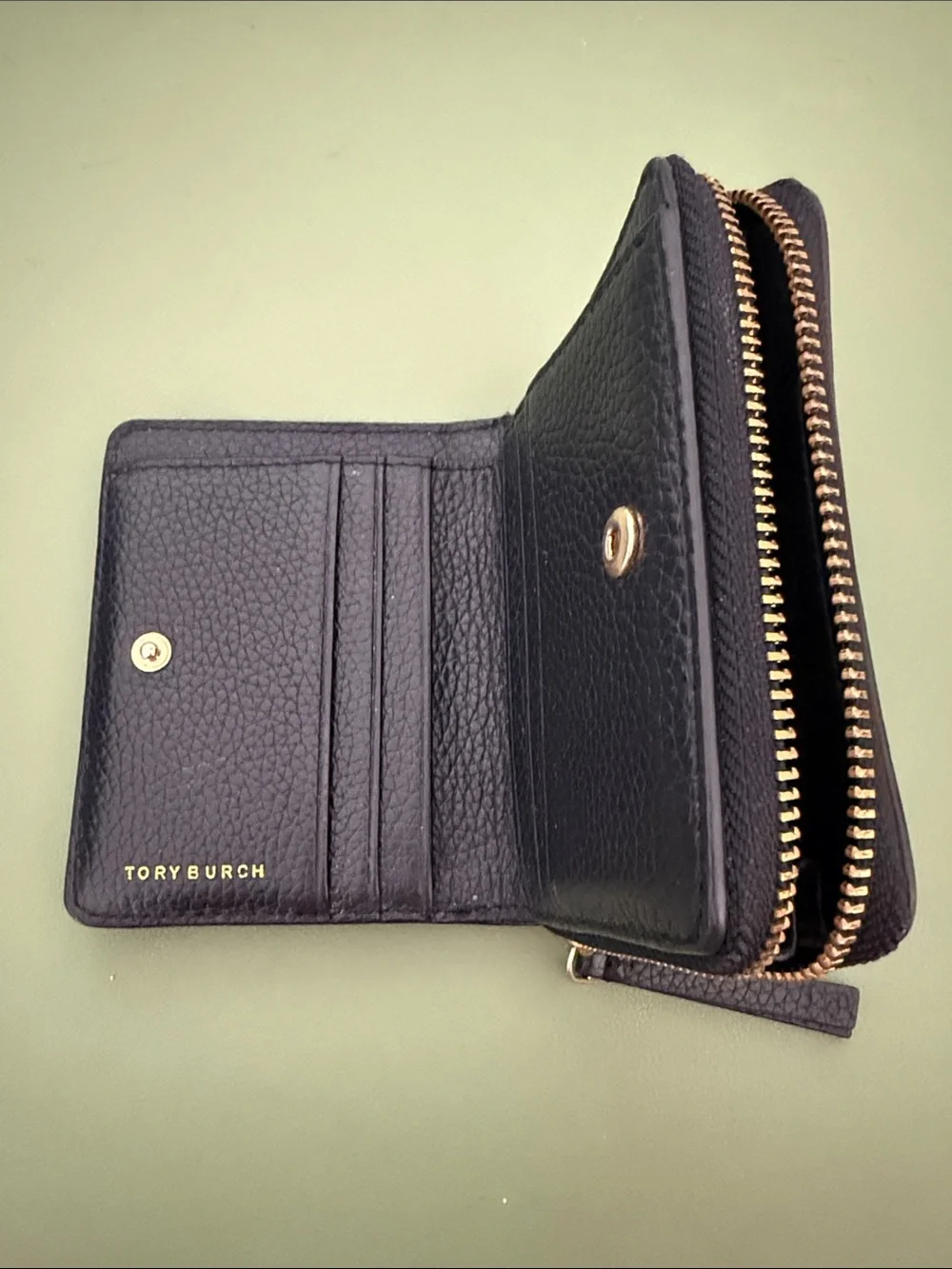 Tory Burch Black Leather Zip Around Wallet with Gold Logo